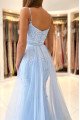 Ann Elegant Sky Blue Spaghetti Straps Appliques Sheath Evening Dresses With Panel Train