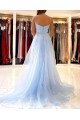 Ann Elegant Sky Blue Spaghetti Straps Appliques Sheath Evening Dresses With Panel Train