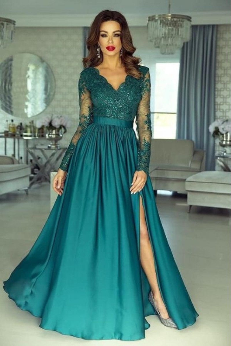 Anna Gentle Turquoise V-Neck Long Sleeves Side Slit A-Line Appliques Evening Dresses