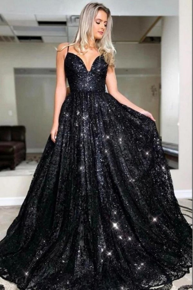 Anne Sparkle Black Sequins Spaghetti Straps Open Back A-Line Evening Dresses