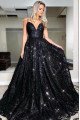 Anne Sparkle Black Sequins Spaghetti Straps Open Back A-Line Evening Dresses