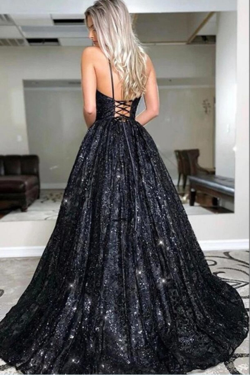 Anne Sparkle Black Sequins Spaghetti Straps Open Back A-Line Evening Dresses