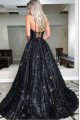 Anne Sparkle Black Sequins Spaghetti Straps Open Back A-Line Evening Dresses