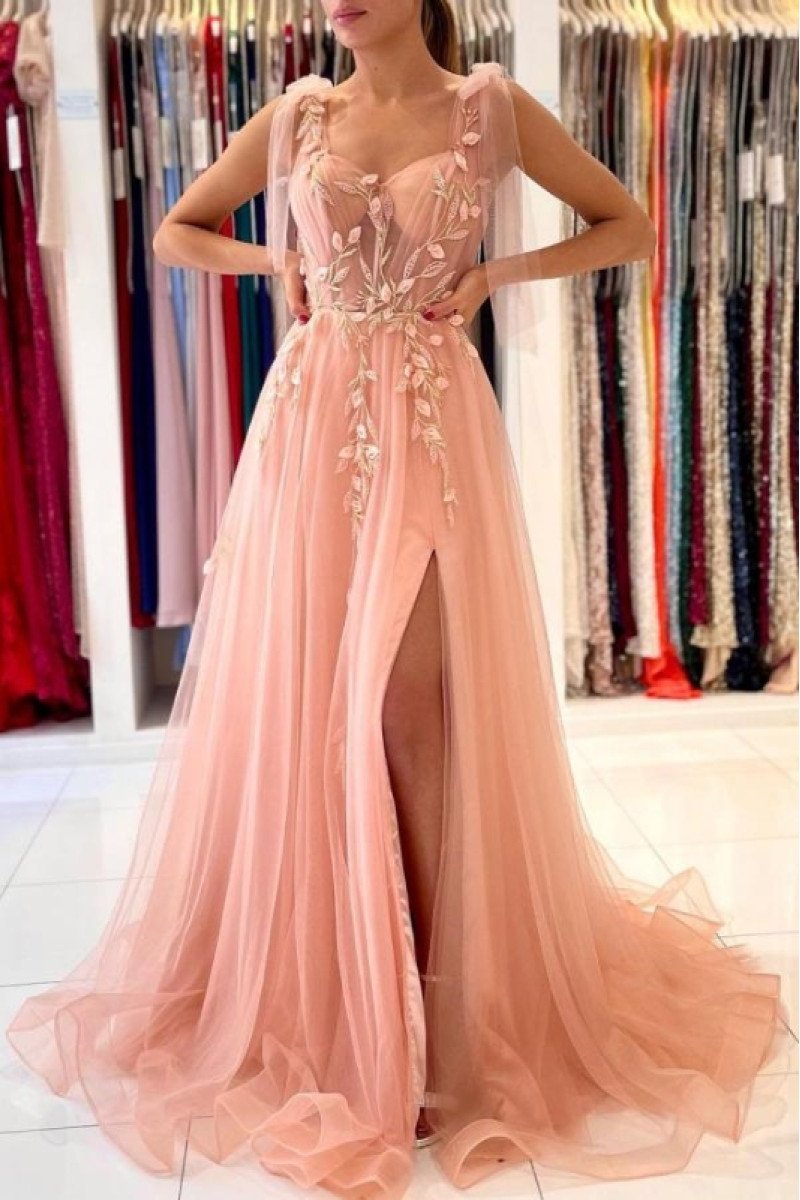 Annie Lovely Coral Sheer Straps Side Slit Appliques A-Line Evening Dresses