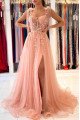 Annie Lovely Coral Sheer Straps Side Slit Appliques A-Line Evening Dresses