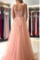 Annie Lovely Coral Sheer Straps Side Slit Appliques A-Line Evening Dresses