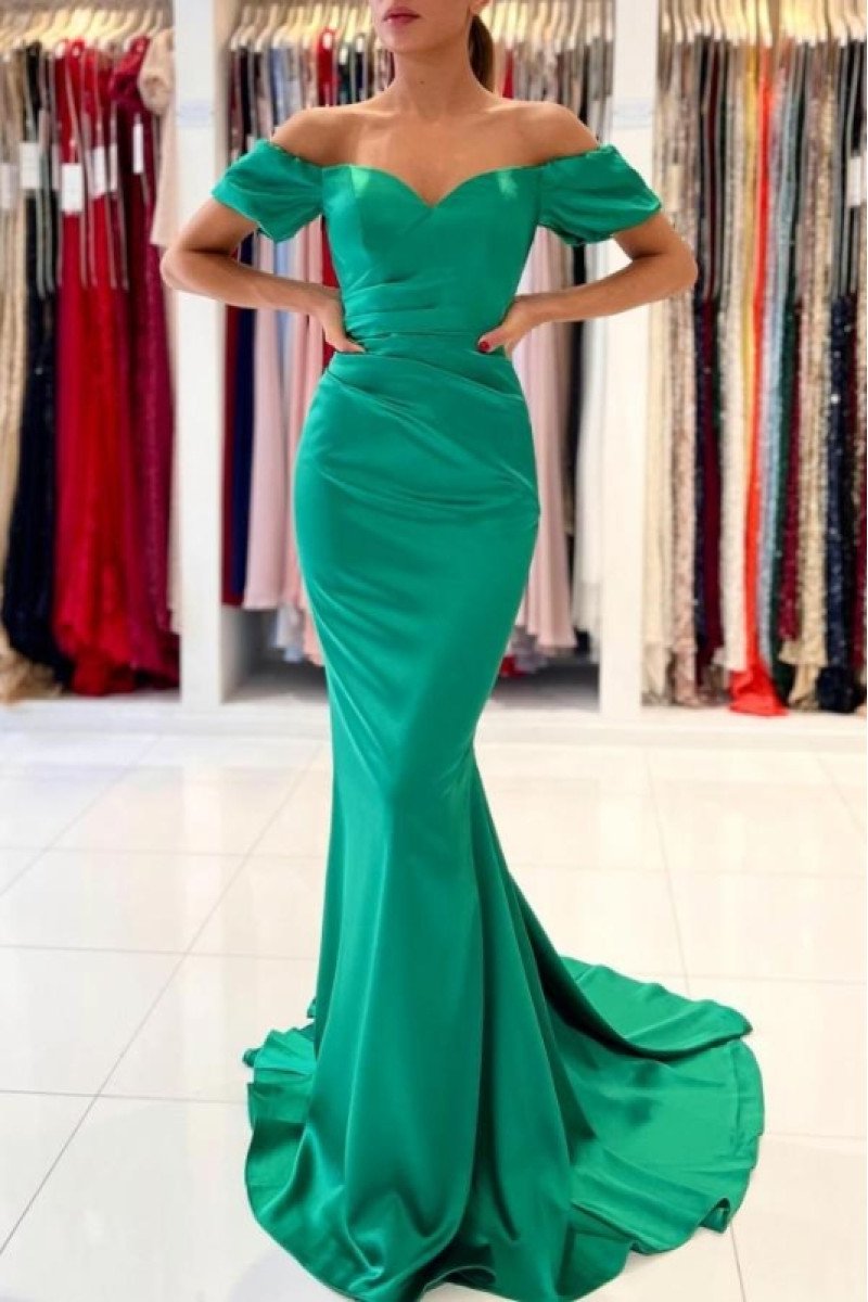 Antonia Gentle Turquoise Off Shoulder Sheath Evening Dresses With Court Train