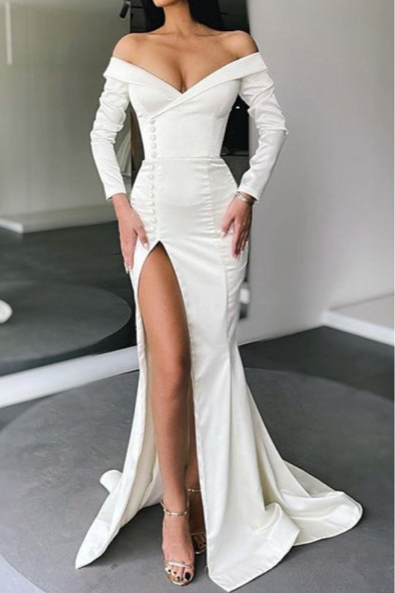 April Chic White Off Shoulder Long Sleeves Side Slit Sheath Evening Dresses