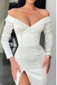 April Chic White Off Shoulder Long Sleeves Side Slit Sheath Evening Dresses