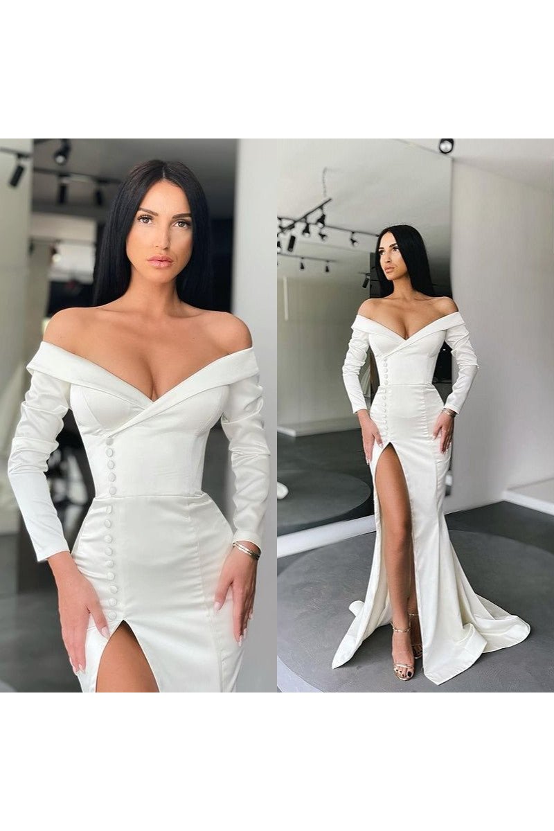 April Chic White Off Shoulder Long Sleeves Side Slit Sheath Evening Dresses