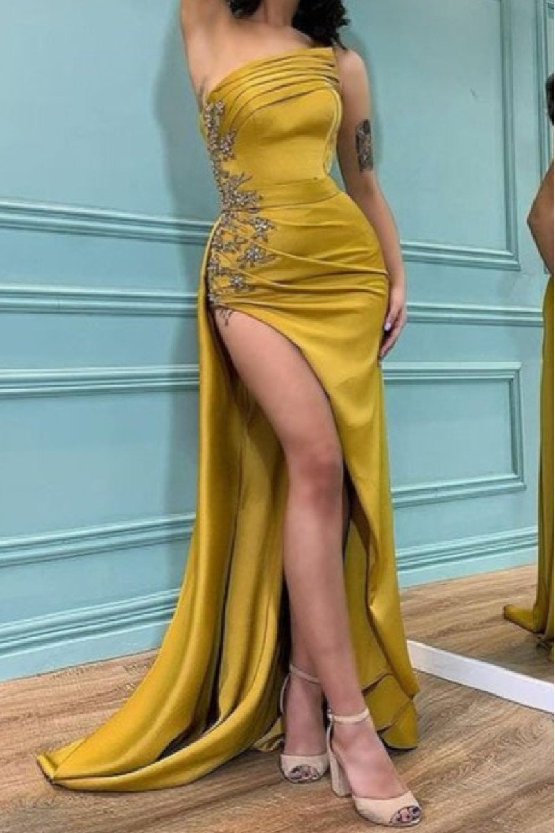 Ariel Beautiful Gold Strapless Side Slit Sheath Evening Dresses With Crystal