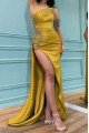 Ariel Beautiful Gold Strapless Side Slit Sheath Evening Dresses With Crystal