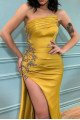 Ariel Beautiful Gold Strapless Side Slit Sheath Evening Dresses With Crystal