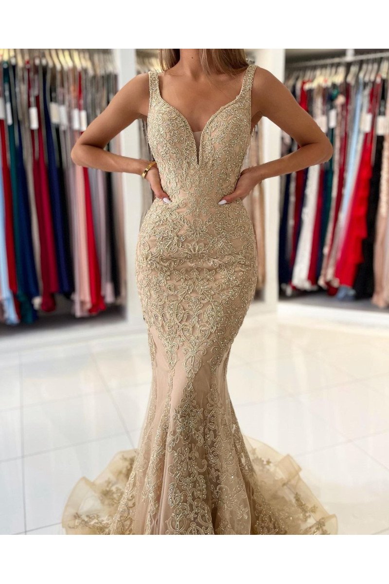 Arthur Elegant Champagne V-Neck Backless Lace Mermaid Evening Dresses