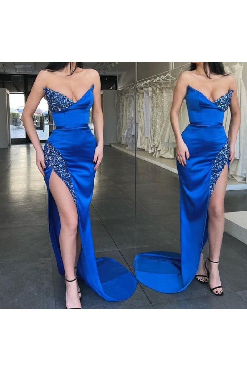 Ashley Beautiful Royal Blue Sweetheart Side Slit Sheath Evening Dresses With Crystal