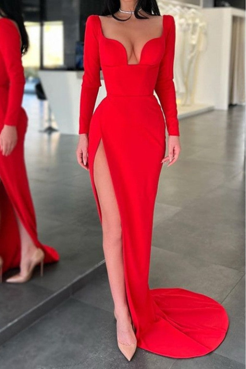 Astrid Fancy Red Square Long Sleeves Side Slit Sheath Evening Dresses