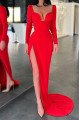 Astrid Fancy Red Square Long Sleeves Side Slit Sheath Evening Dresses