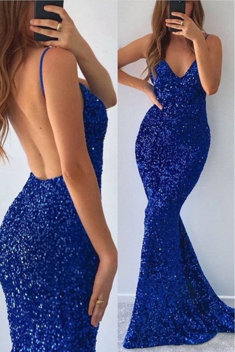 Audrey Sparkle Royal Blue Spaghetti Straps Backless Sequins Sheath Evening Dresses