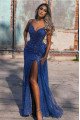 Beatrice Chic Blue Off Shoulder Side Slit Tulle Sheath Evening Dresses