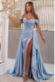 Bella Gentle Blue Off Shoulder Side Slit Sheath Evening Dresses With Panel Train