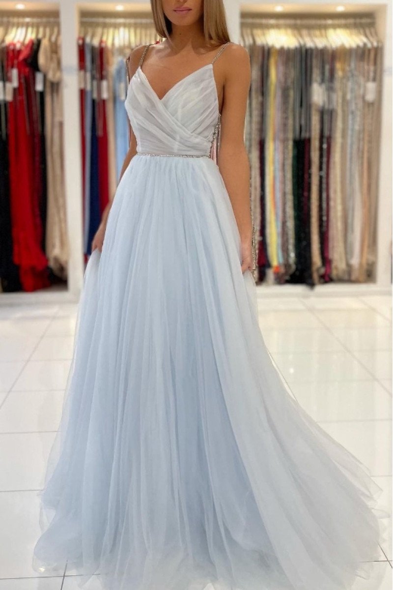 Bernice Lovely Sky Blue Spaghetti Straps Backless Beading A-Line Evening Dresses