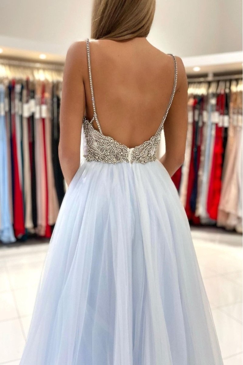 Bernice Lovely Sky Blue Spaghetti Straps Backless Beading A-Line Evening Dresses