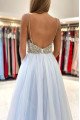 Bernice Lovely Sky Blue Spaghetti Straps Backless Beading A-Line Evening Dresses