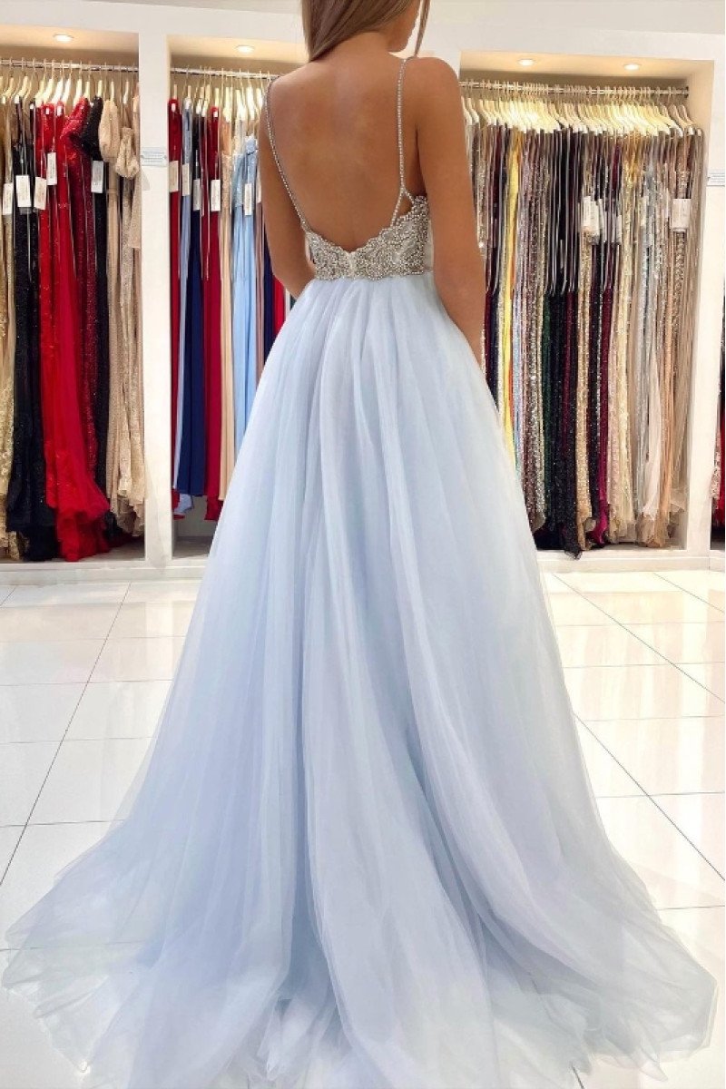 Bernice Lovely Sky Blue Spaghetti Straps Backless Beading A-Line Evening Dresses