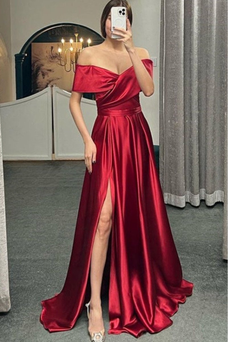 Bertha Classical Burgundy Off Shoulder Side Slit A-Line Evening Dresses