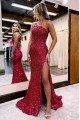 Bess Sexy Burgundy One Shoulder Open Back Side Slit Sequins Evening Dresses