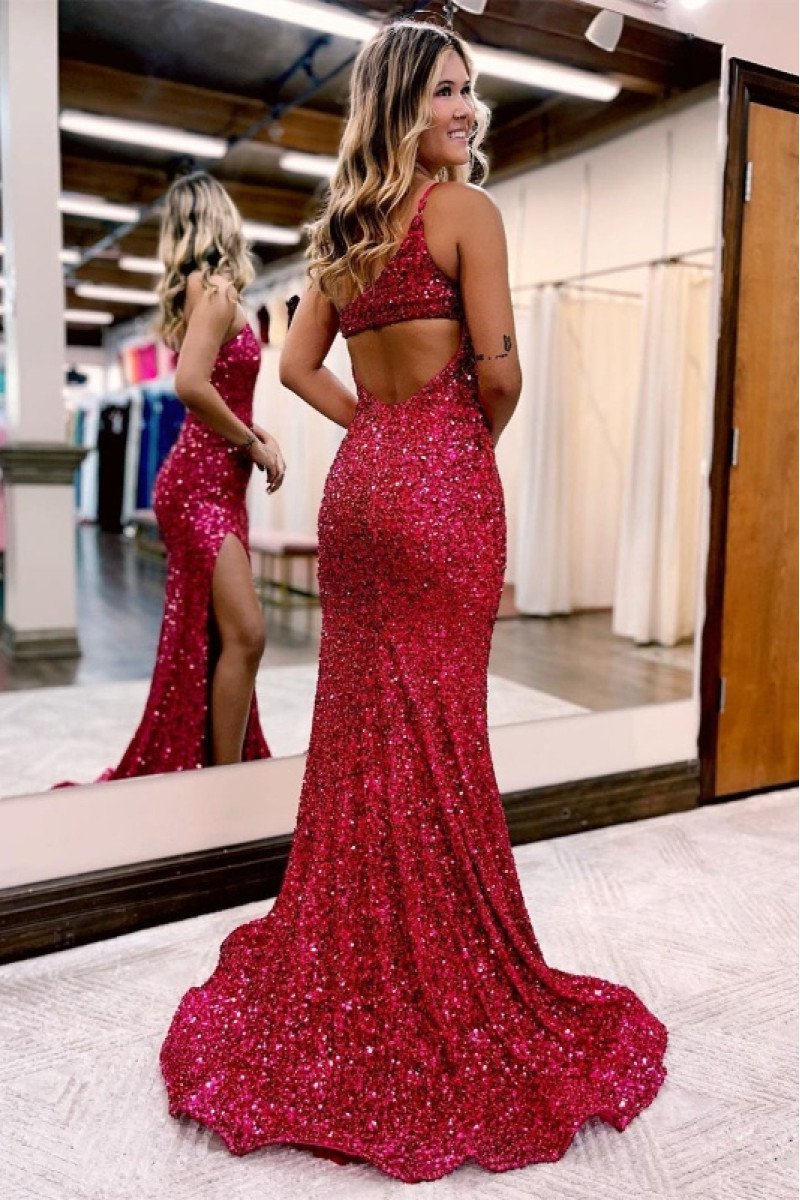 Bess Sexy Burgundy One Shoulder Open Back Side Slit Sequins Evening Dresses