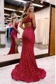 Bess Sexy Burgundy One Shoulder Open Back Side Slit Sequins Evening Dresses