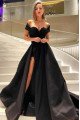 Betsy Handsome Black Off Shoulder Side Slit Open Back A-Line Evening Dresses With Court Train