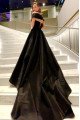 Betsy Handsome Black Off Shoulder Side Slit Open Back A-Line Evening Dresses With Court Train