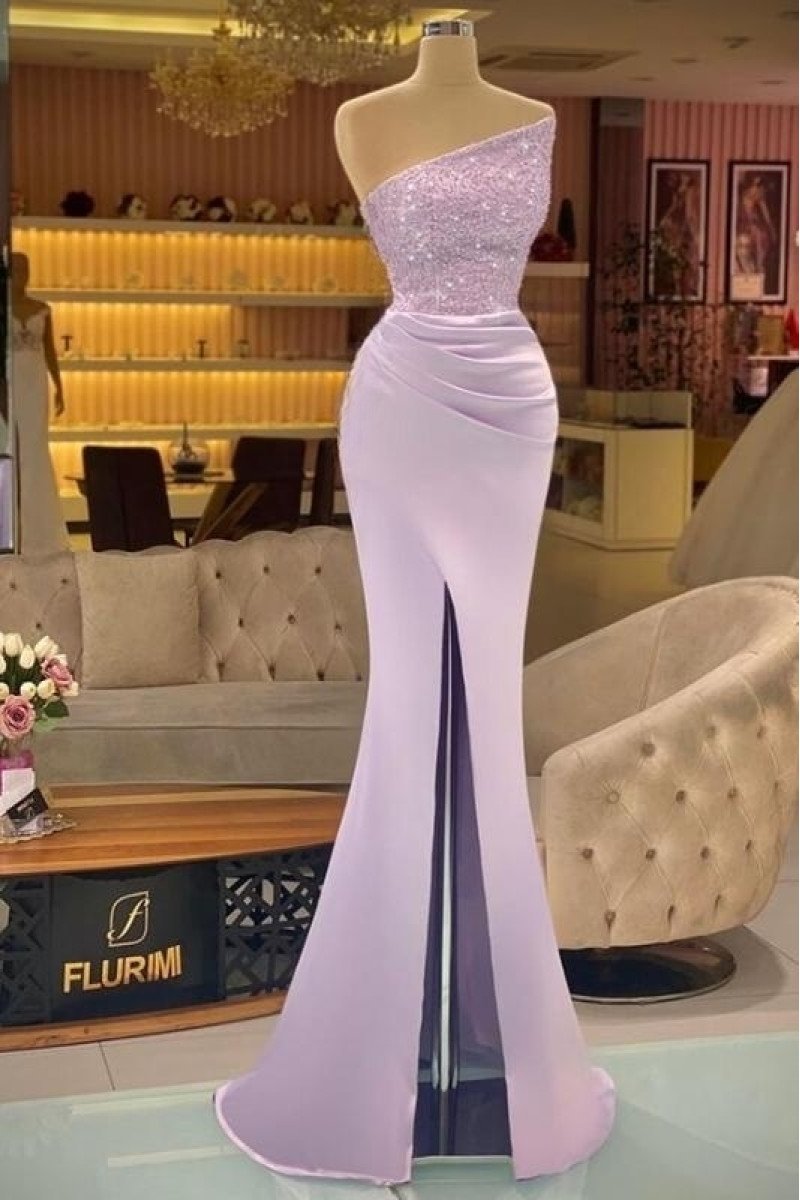 Debby Beautiful Lilac Strapless Side Slit Beading Mermaid Prom Dresses