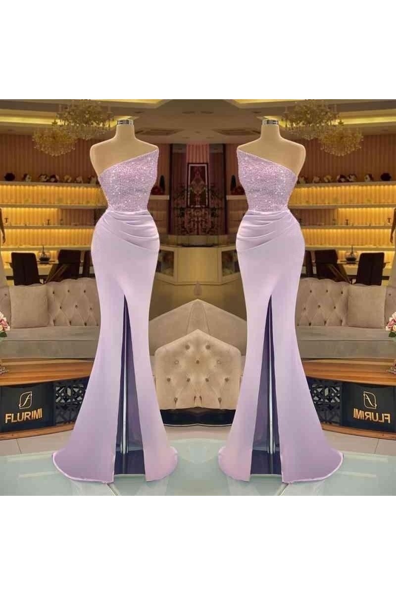 Debby Beautiful Lilac Strapless Side Slit Beading Mermaid Prom Dresses