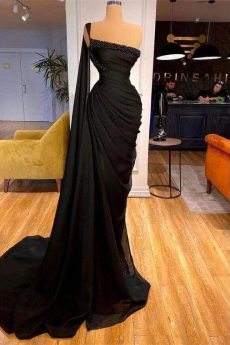 Ali Special Black One Shoulder Beading Watteau Train Sheath Prom Dresses