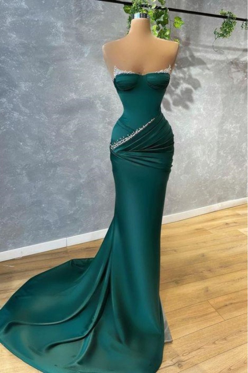 Alice Beautiful Dark Green Strapless Beading Sheath Prom Dresses