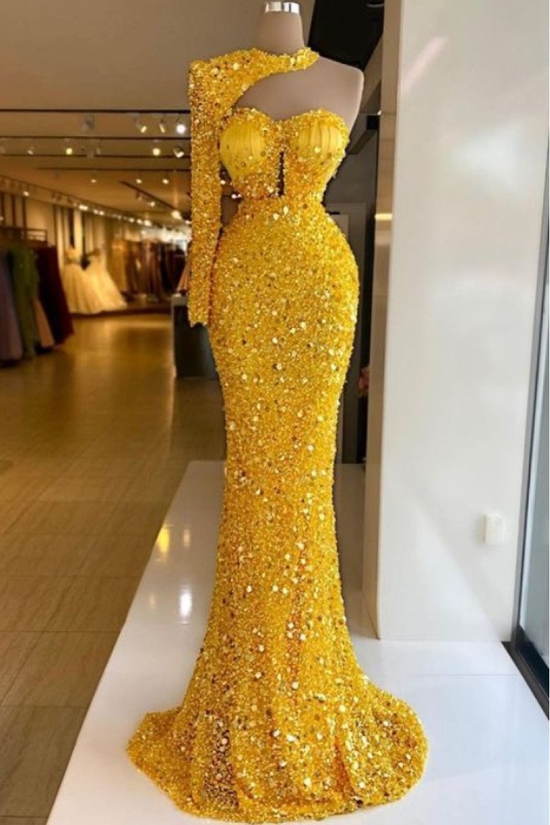 Alison Sparkle Gold Sequins One Shoulder Sheath Prom Dresses