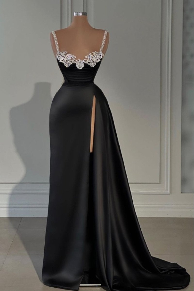 Alva Wonderful Black Spaghetti Straps Side Slit Beading Crystal Sheath Prom Dresses