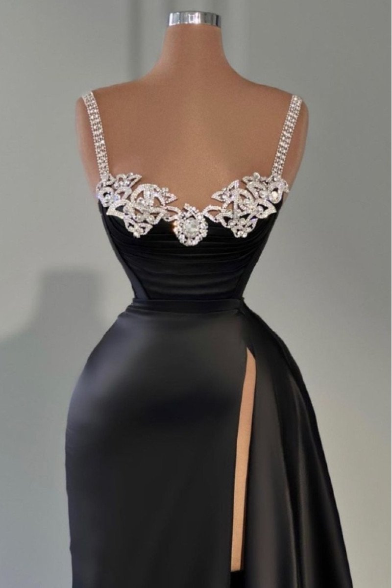 Alva Wonderful Black Spaghetti Straps Side Slit Beading Crystal Sheath Prom Dresses