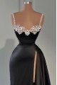 Alva Wonderful Black Spaghetti Straps Side Slit Beading Crystal Sheath Prom Dresses