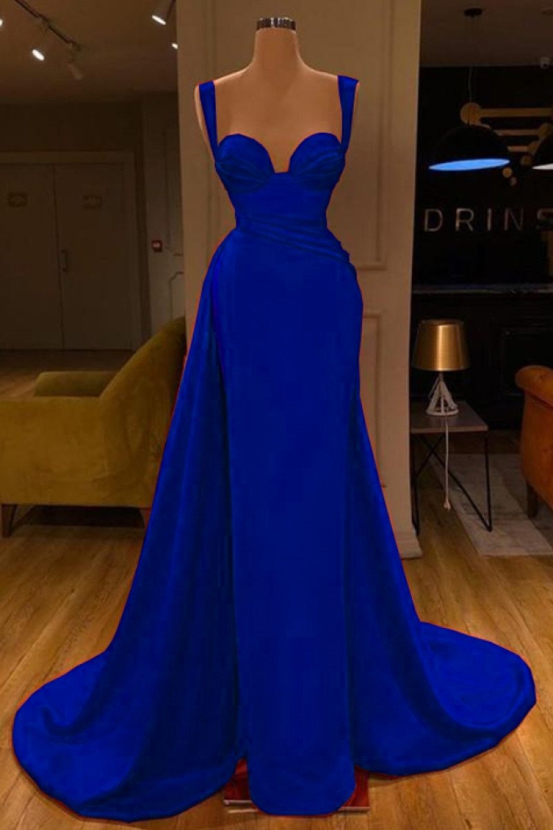 Amanda Mild Dark Blue Spaghetti Straps A-Lien Prom Dresses With Court Train