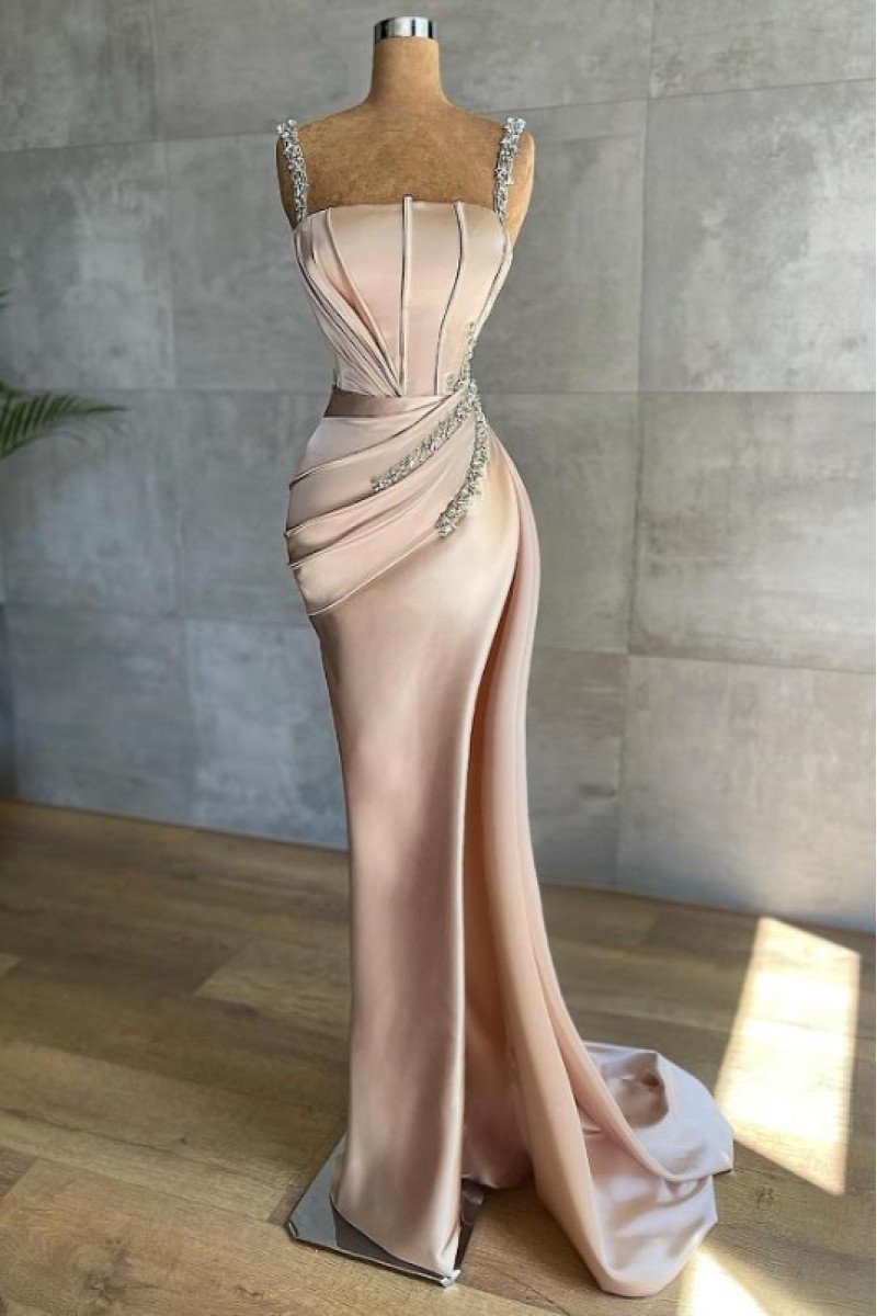 Amanda Gentle Champagne Spaghetti Straps Sheath Prom Dresses With Crystal