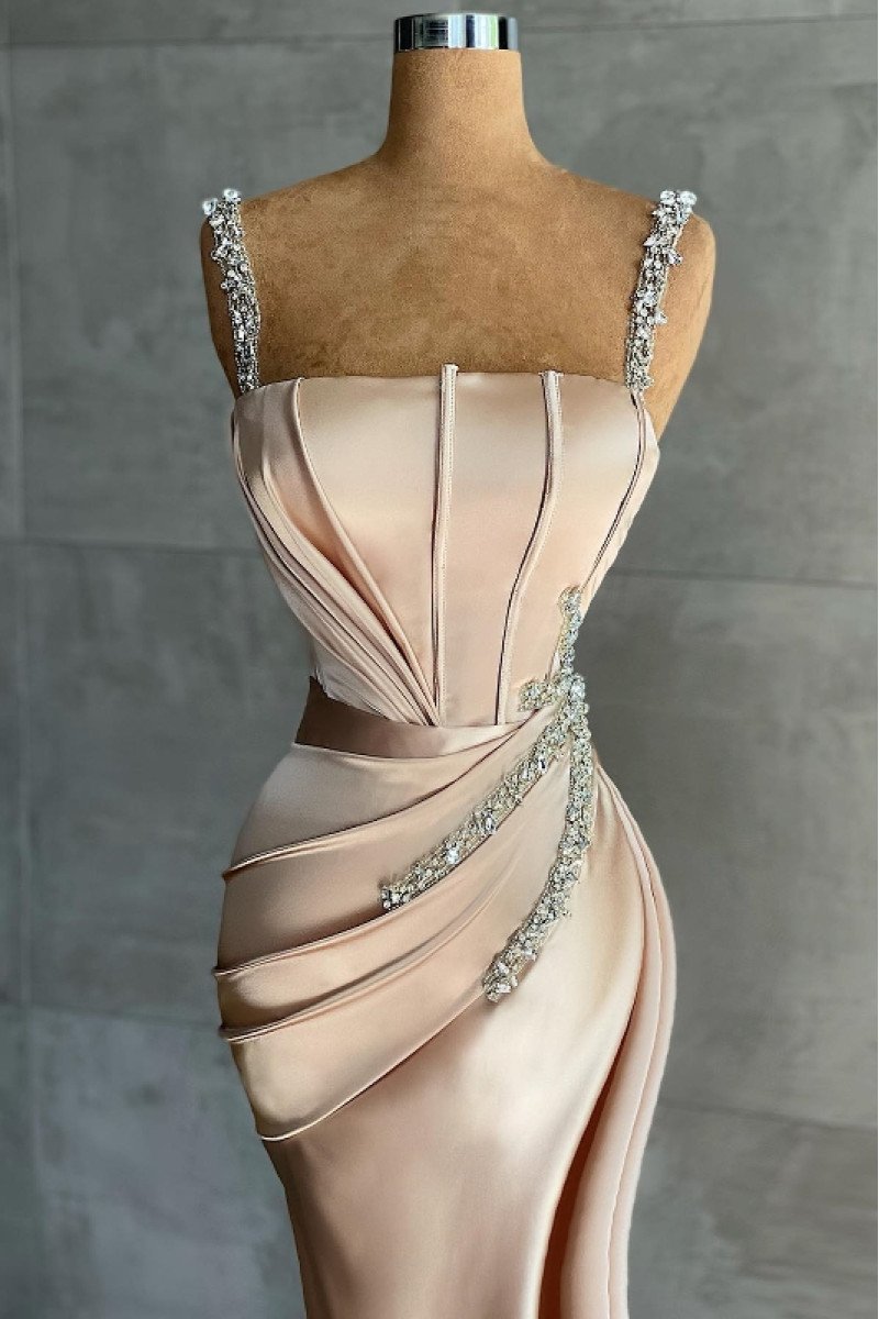 Amanda Gentle Champagne Spaghetti Straps Sheath Prom Dresses With Crystal