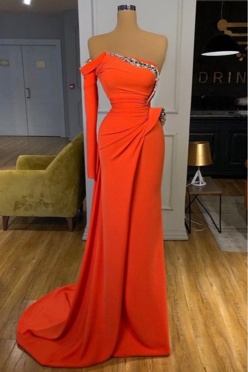 Amber Fashion Orange Strapless Beading Sheath Prom Dresses With Court Train