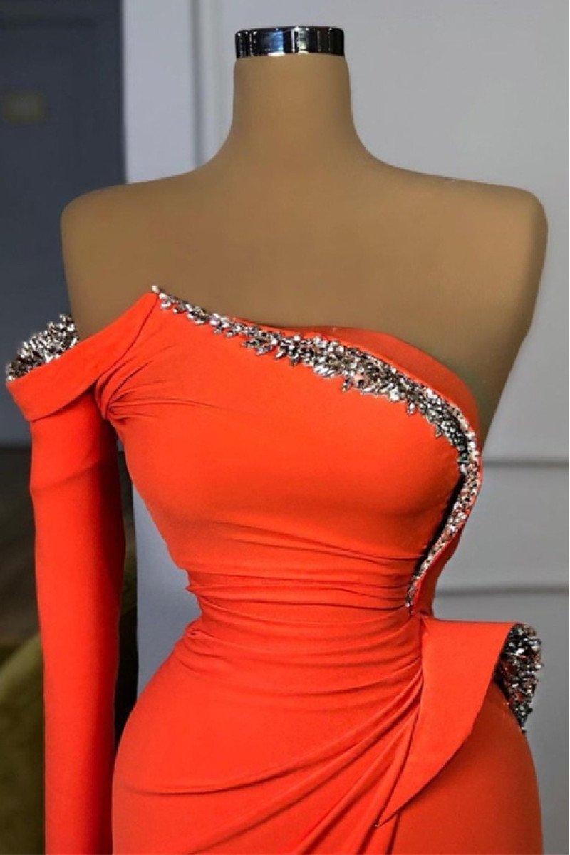 Amber Fashion Orange Strapless Beading Sheath Prom Dresses With Court Train