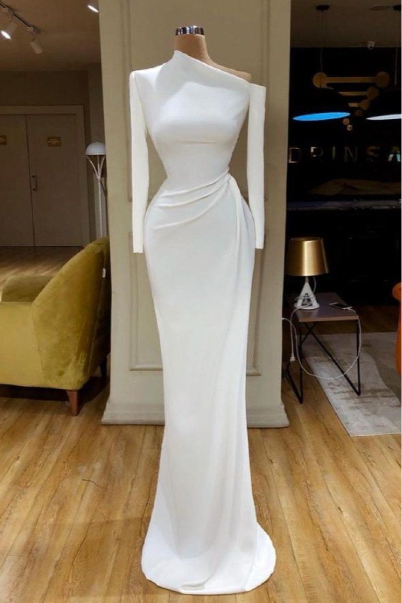 Amy Simple White One Shoulder Long Sleeves Sheath Prom Dresses