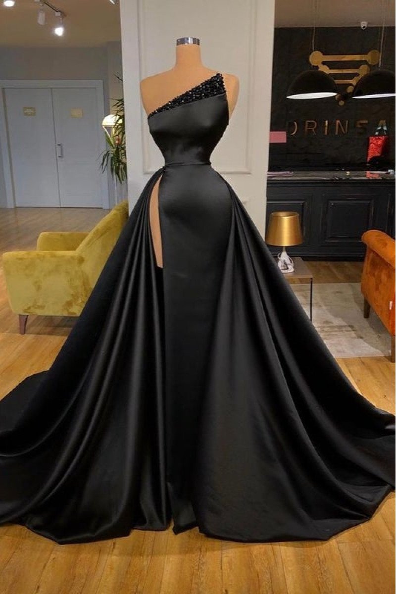 Andrea Wonderful Black Strapless Backless Beading Side Slit A-Line Prom Dresses 