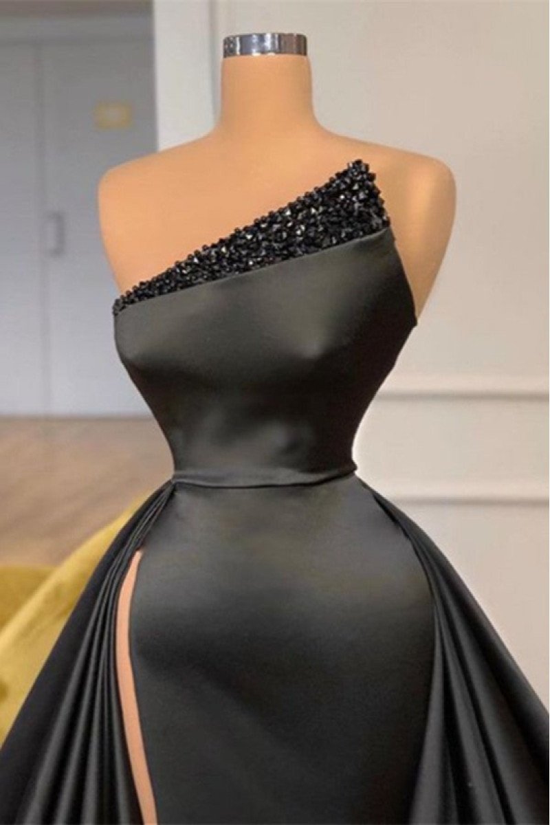 Andrea Wonderful Black Strapless Backless Beading Side Slit A-Line Prom Dresses 